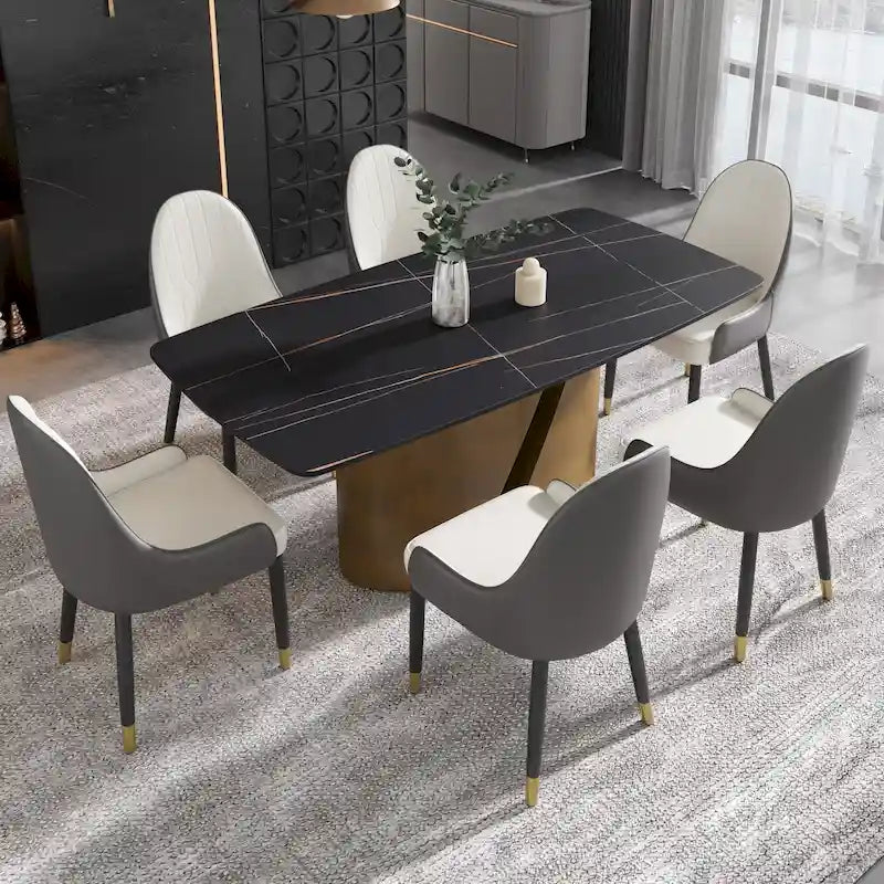 Mesa de Comedor de Piedra Sinterizada Pandora Blanca/Negra | Patas de Metal Dorado | Para 6–8 Personas