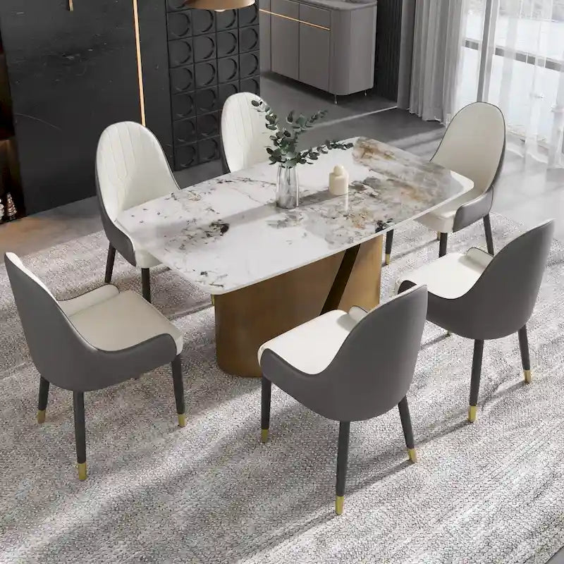 Mesa de Comedor de Piedra Sinterizada Pandora Blanca/Negra | Patas de Metal Dorado | Para 6–8 Personas