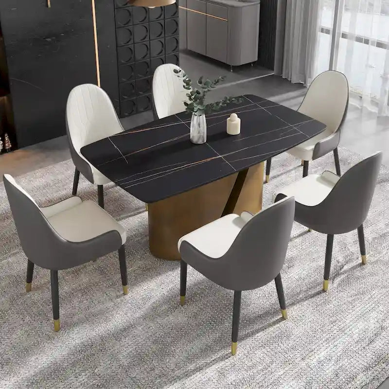 Mesa de Comedor de Piedra Sinterizada Pandora Blanca/Negra | Patas de Metal Dorado | Para 6–8 Personas
