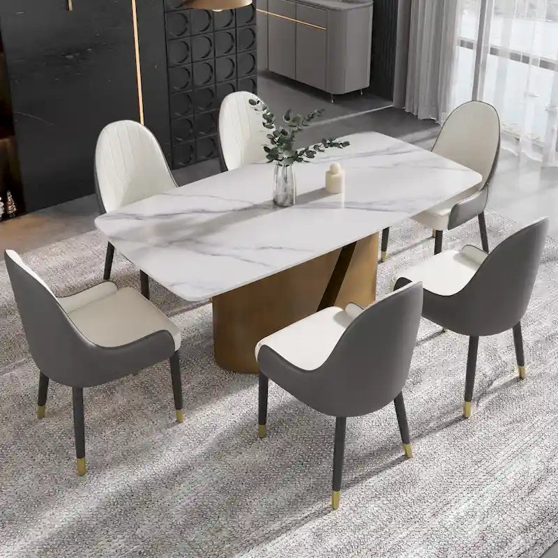 Mesa de Comedor de Piedra Sinterizada Pandora Blanca/Negra | Patas de Metal Dorado | Para 6–8 Personas