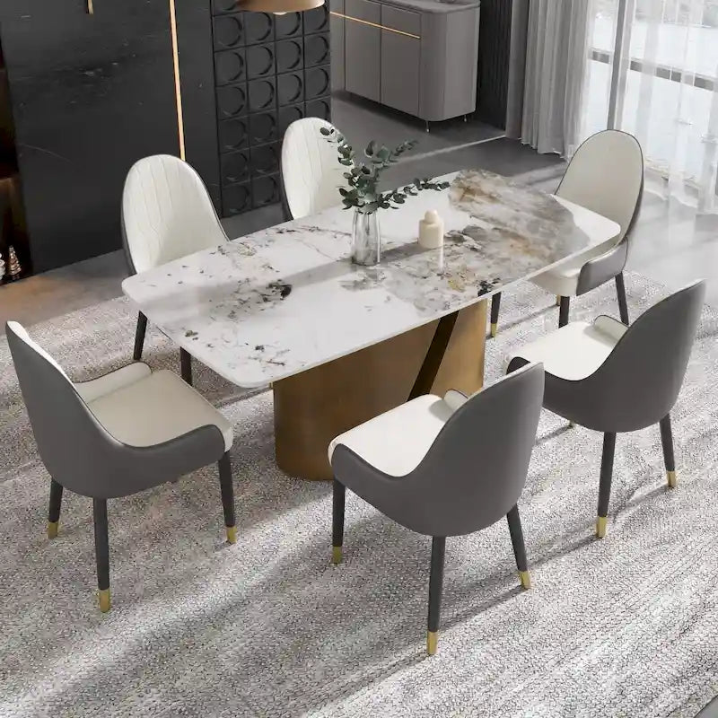 Mesa de Comedor de Piedra Sinterizada Pandora Blanca/Negra | Patas de Metal Dorado | Para 6–8 Personas