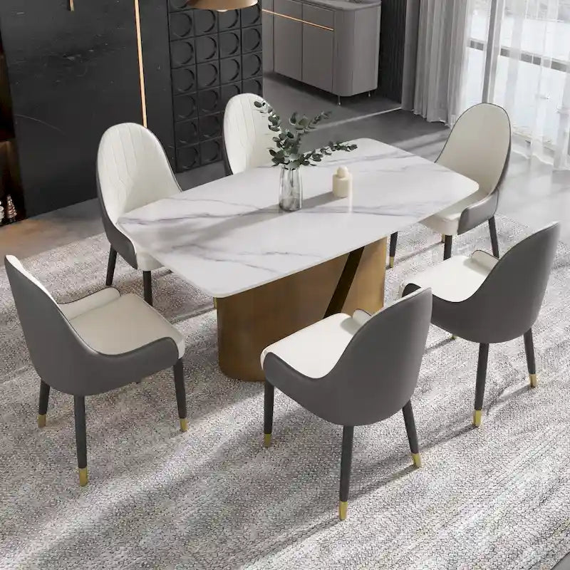 Mesa de Comedor de Piedra Sinterizada Pandora Blanca/Negra | Patas de Metal Dorado | Para 6–8 Personas