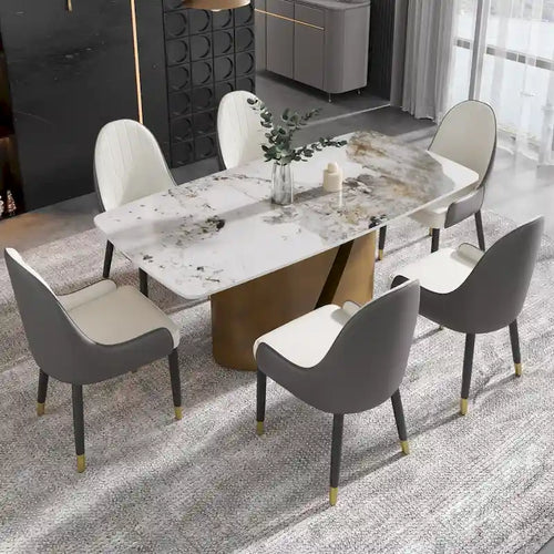 Mesa de Comedor de Piedra Sinterizada Pandora Blanca/Negra | Patas de Metal Dorado | Para 6–8 Personas
