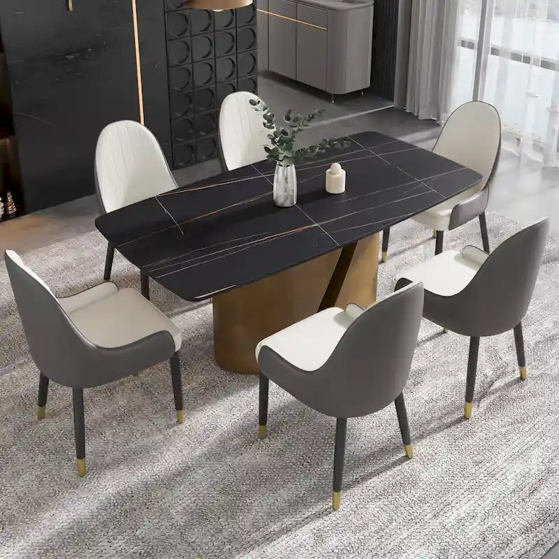 Mesa de Comedor de Piedra Sinterizada Pandora Blanca/Negra | Patas de Metal Dorado | Para 6–8 Personas