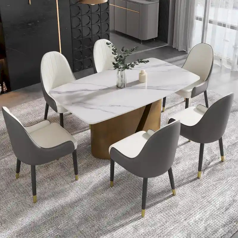 Mesa de Comedor de Piedra Sinterizada Pandora Blanca/Negra | Patas de Metal Dorado | Para 6–8 Personas