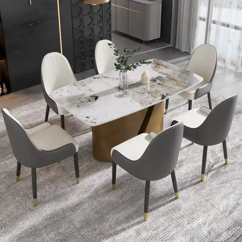 Mesa de Comedor de Piedra Sinterizada Pandora Blanca/Negra | Patas de Metal Dorado | Para 6–8 Personas