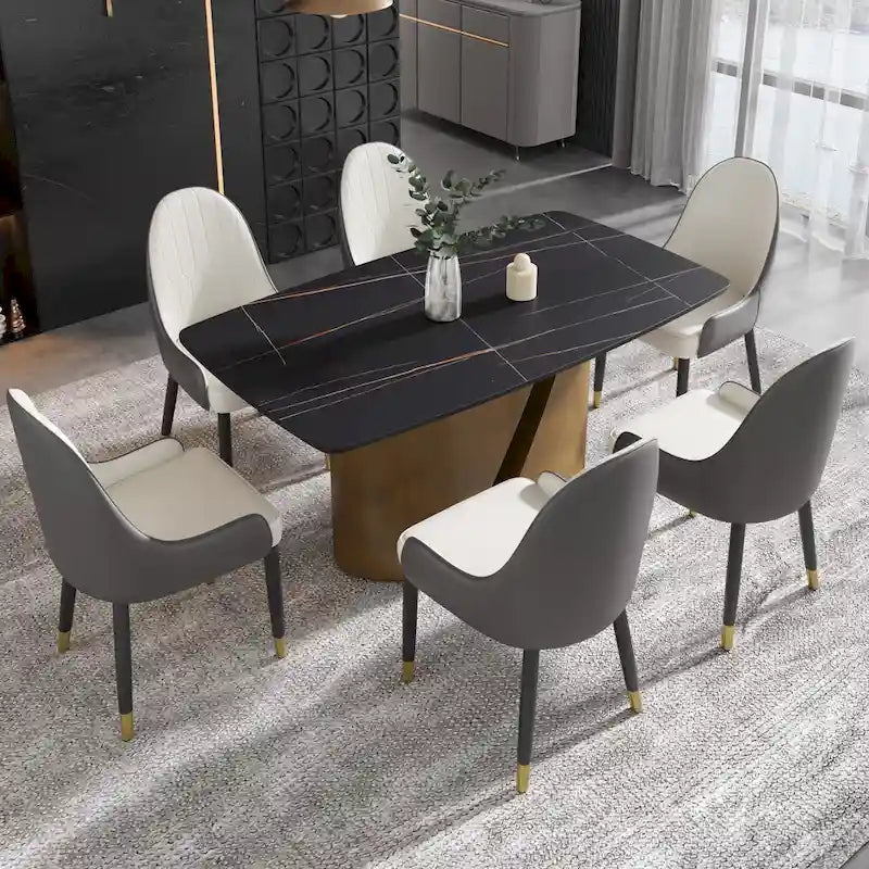 Mesa de Comedor de Piedra Sinterizada Pandora Blanca/Negra | Patas de Metal Dorado | Para 6–8 Personas
