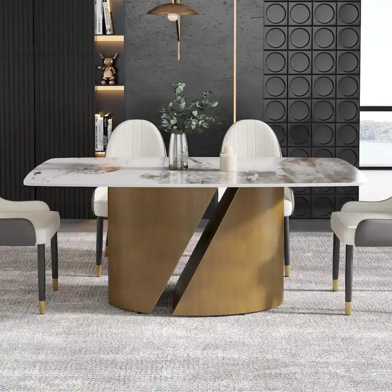 Mesa de Comedor de Piedra Sinterizada Pandora Blanca/Negra | Patas de Metal Dorado | Para 6–8 Personas