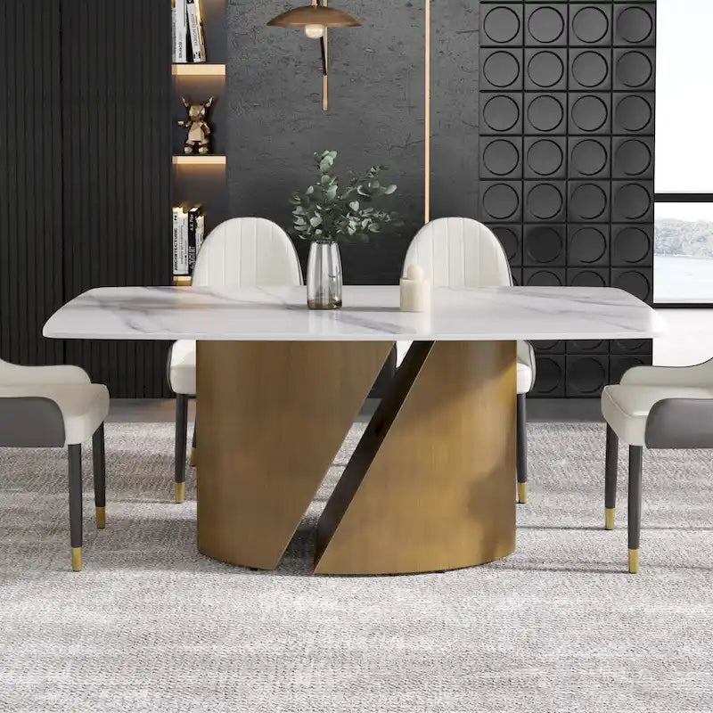 Mesa de Comedor de Piedra Sinterizada Pandora Blanca/Negra | Patas de Metal Dorado | Para 6–8 Personas