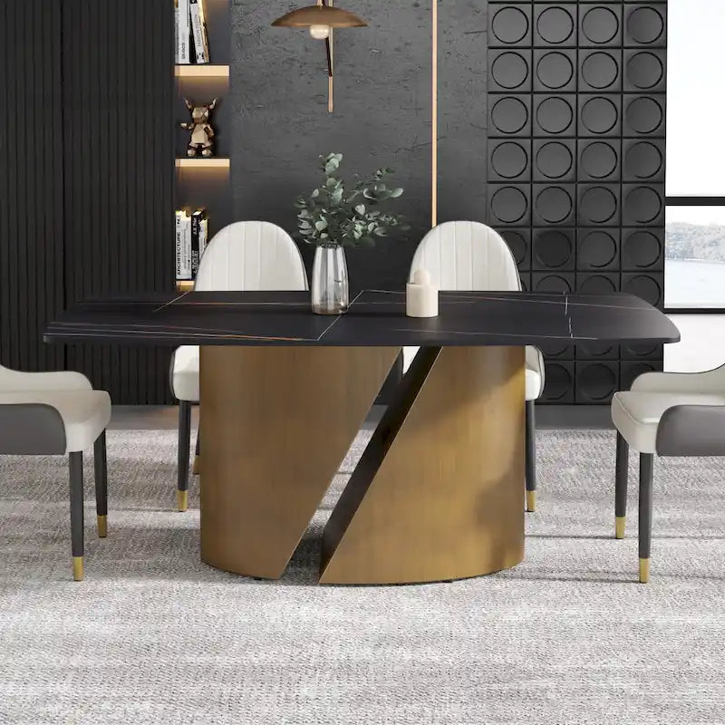 Mesa de Comedor de Piedra Sinterizada Pandora Blanca/Negra | Patas de Metal Dorado | Para 6–8 Personas