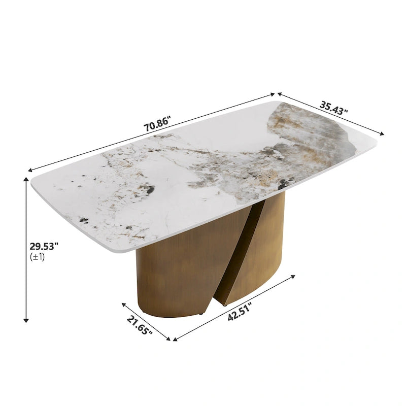 Mesa de Comedor de Piedra Sinterizada Pandora Blanca/Negra | Patas de Metal Dorado | Para 6–8 Personas