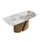 Mesa de Comedor de Piedra Sinterizada Pandora Blanca/Negra | Patas de Metal Dorado | Para 6–8 Personas