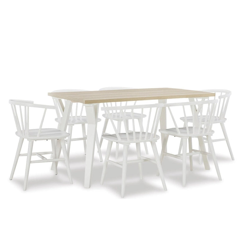 Juego de comedor de 7 piezas Roundhill Alwynn en blanco y madera natural, mesa de comedor con 6 sillas Windsor