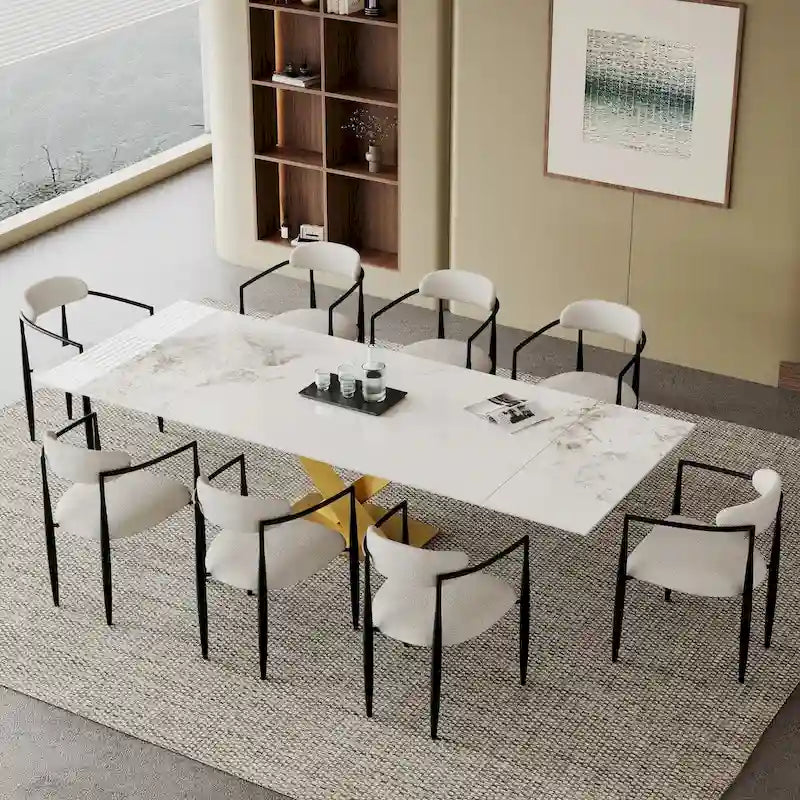 Juego de comedor moderno minimalista de 9 piezas con superficie extensible de piedra sinterizada de 240 cm y 8 sillas de tela