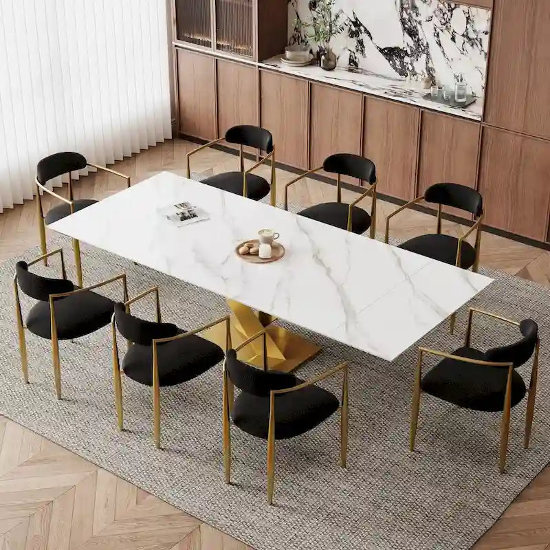 Juego de comedor moderno minimalista de 9 piezas con superficie extensible de piedra sinterizada de 240 cm y 8 sillas de tela