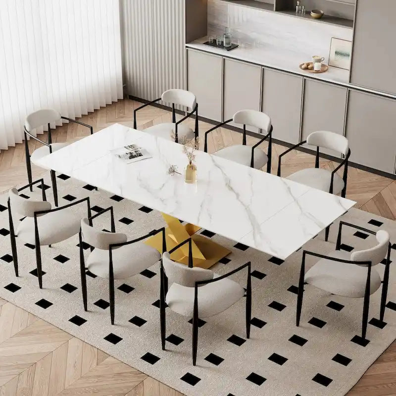 Juego de comedor moderno minimalista de 9 piezas con superficie extensible de piedra sinterizada de 240 cm y 8 sillas de tela