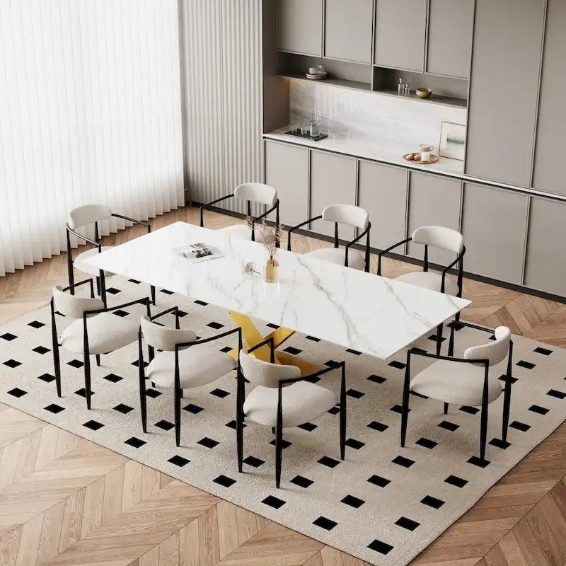Juego de comedor moderno minimalista de 9 piezas con superficie extensible de piedra sinterizada de 240 cm y 8 sillas de tela