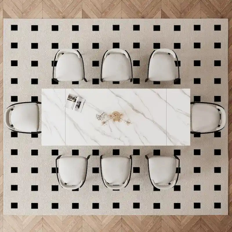 Juego de comedor moderno minimalista de 9 piezas con superficie extensible de piedra sinterizada de 240 cm y 8 sillas de tela