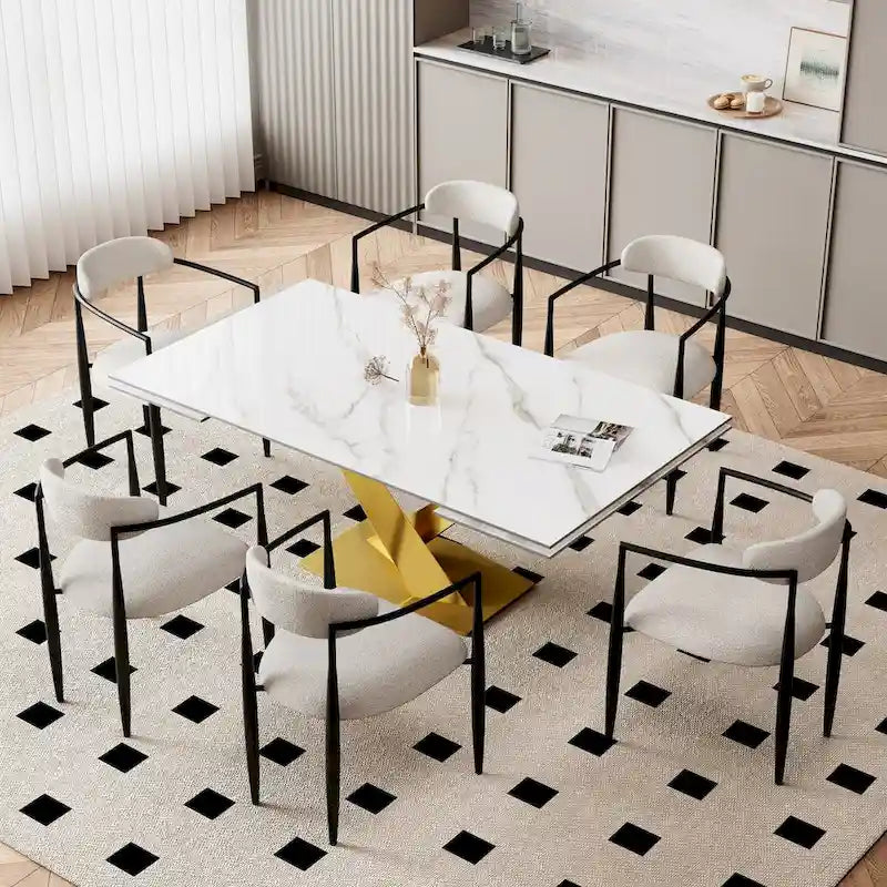 Juego de comedor moderno minimalista de 9 piezas con superficie extensible de piedra sinterizada de 240 cm y 8 sillas de tela