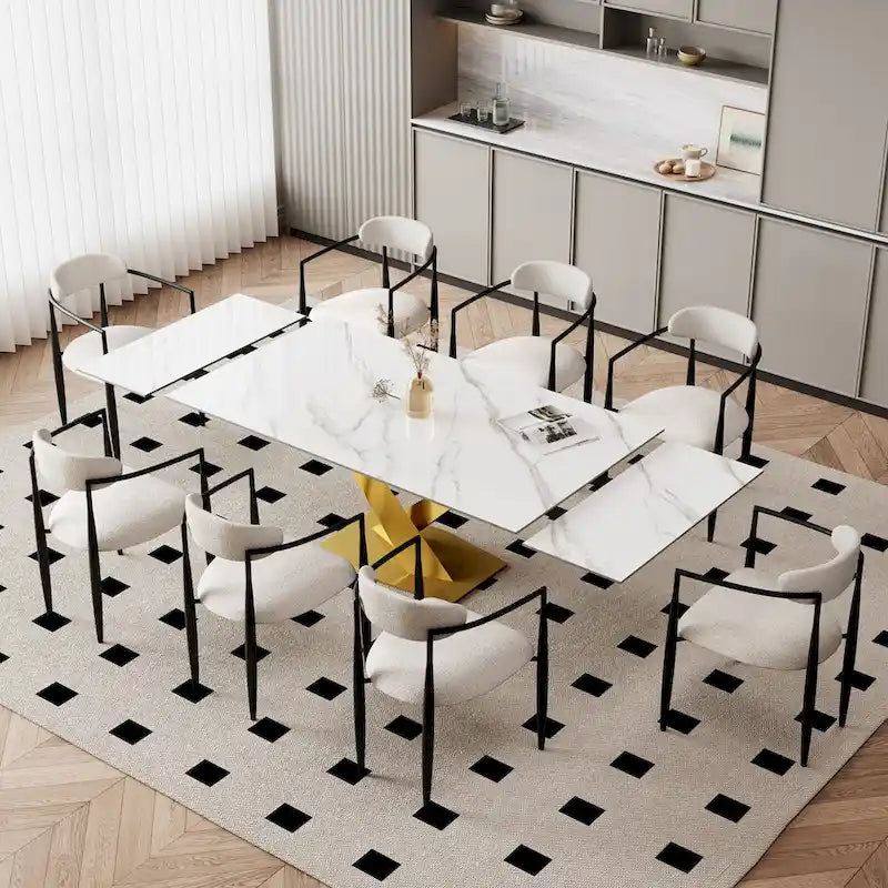Juego de comedor moderno minimalista de 9 piezas con superficie extensible de piedra sinterizada de 240 cm y 8 sillas de tela