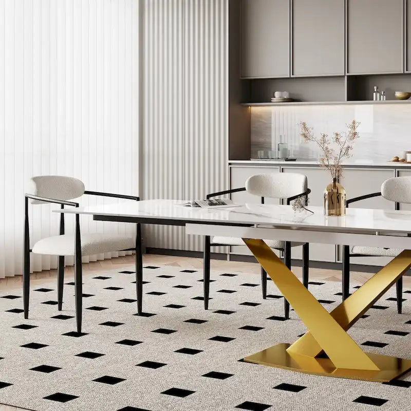 Juego de comedor moderno minimalista de 9 piezas con superficie extensible de piedra sinterizada de 240 cm y 8 sillas de tela