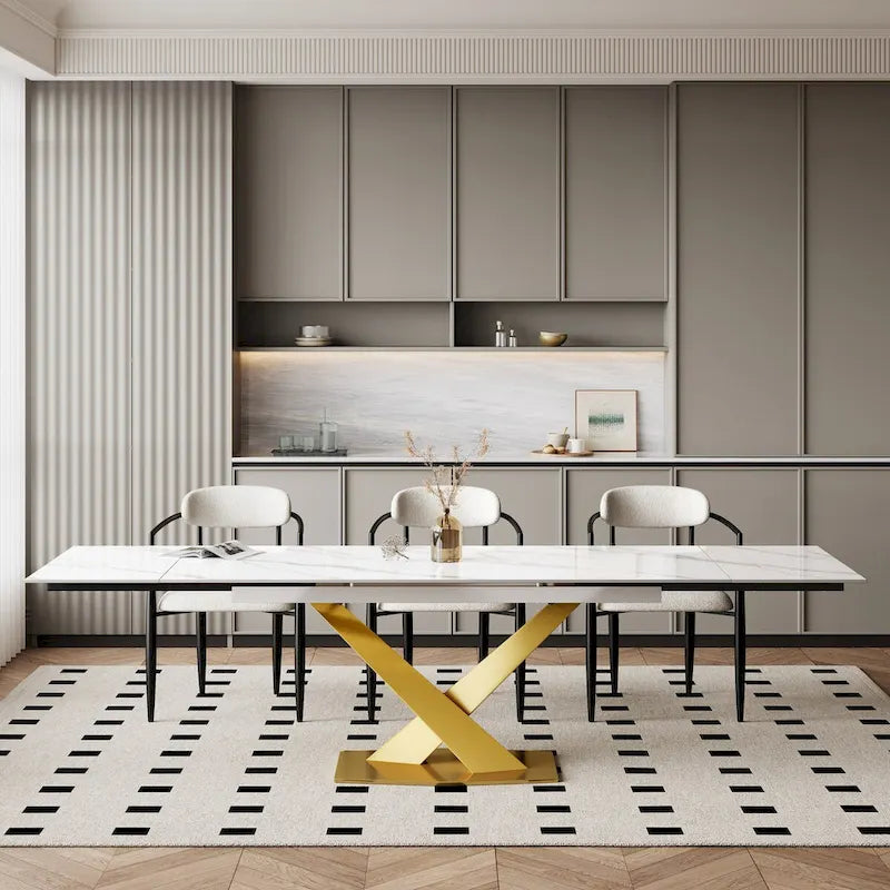 Juego de comedor moderno minimalista de 9 piezas con superficie extensible de piedra sinterizada de 240 cm y 8 sillas de tela