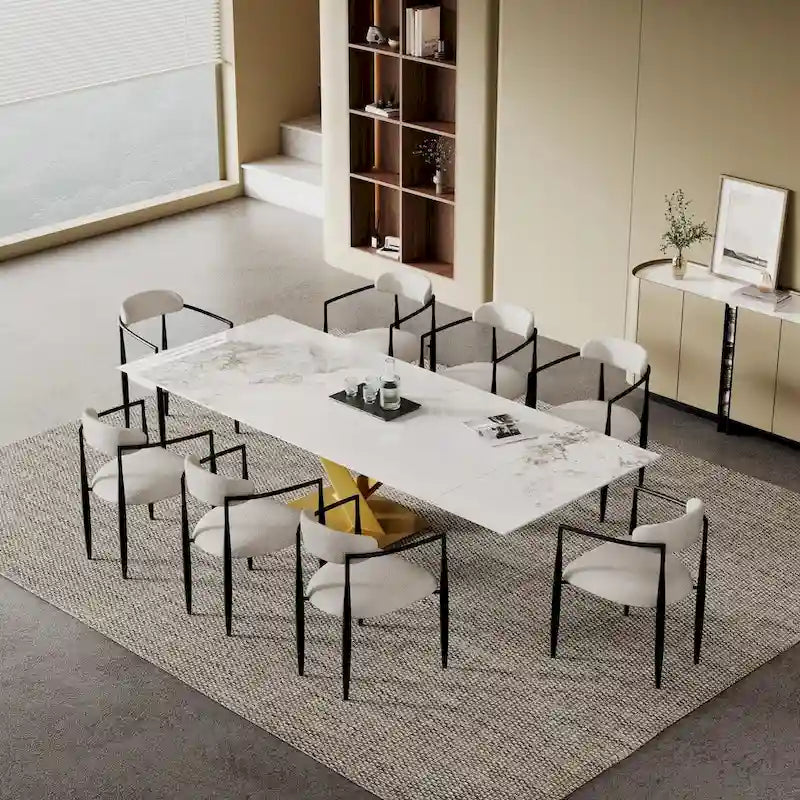 Juego de comedor moderno minimalista de 9 piezas con superficie extensible de piedra sinterizada de 240 cm y 8 sillas de tela