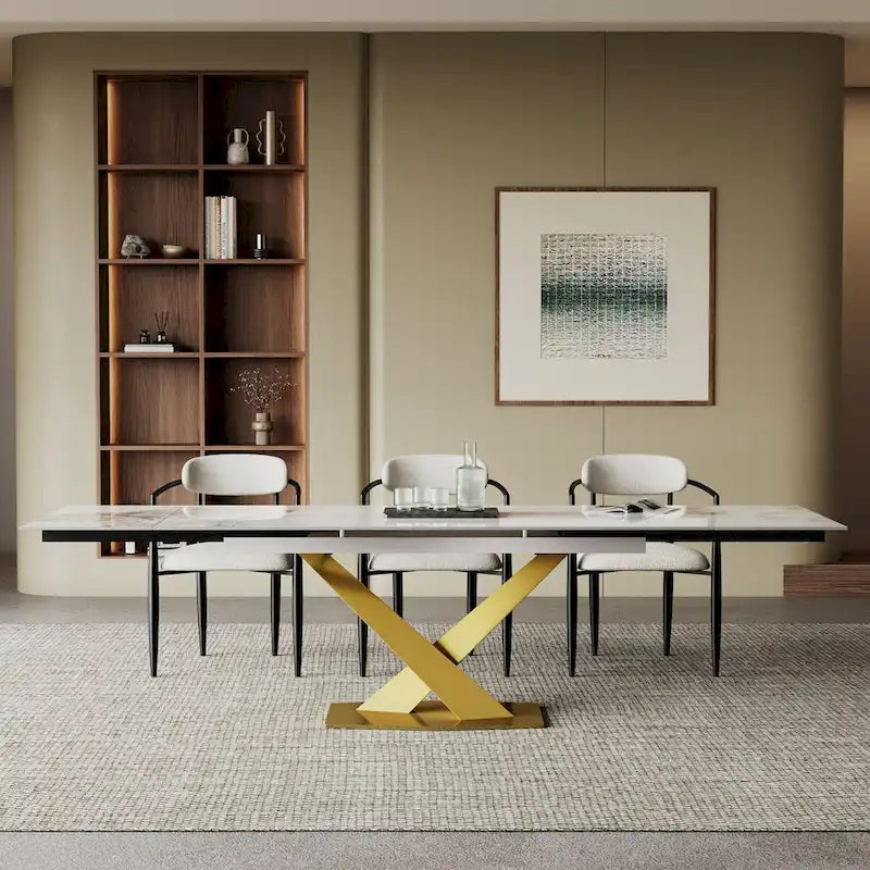 Juego de comedor moderno minimalista de 9 piezas con superficie extensible de piedra sinterizada de 240 cm y 8 sillas de tela