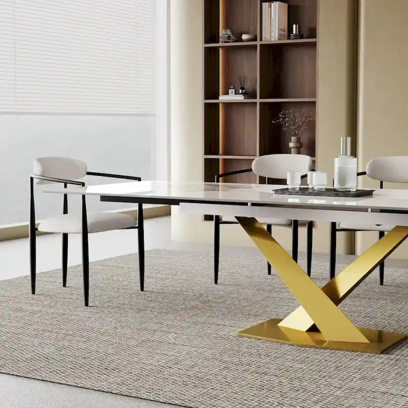 Juego de comedor moderno minimalista de 9 piezas con superficie extensible de piedra sinterizada de 240 cm y 8 sillas de tela