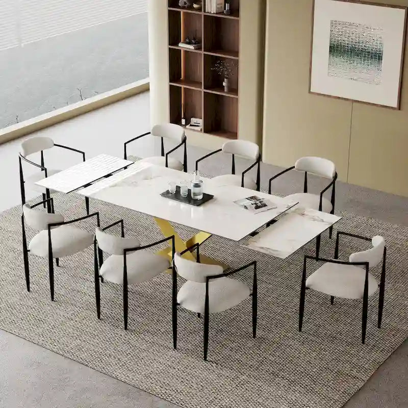 Juego de comedor moderno minimalista de 9 piezas con superficie extensible de piedra sinterizada de 240 cm y 8 sillas de tela