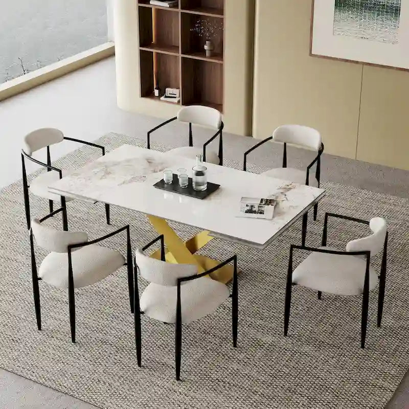 Juego de comedor moderno minimalista de 9 piezas con superficie extensible de piedra sinterizada de 240 cm y 8 sillas de tela