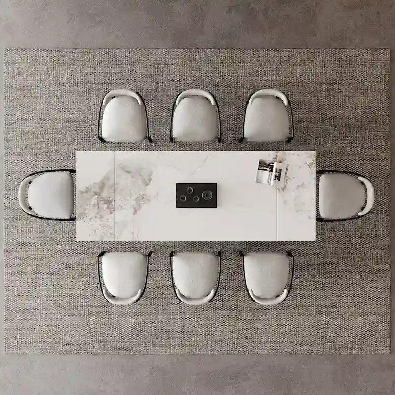 Juego de comedor moderno minimalista de 9 piezas con superficie extensible de piedra sinterizada de 240 cm y 8 sillas de tela