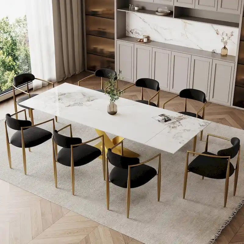 Juego de comedor moderno minimalista de 9 piezas con superficie extensible de piedra sinterizada de 240 cm y 8 sillas de tela
