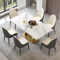 Mesa de comedor de piedra sinterizada blanca/negra – Base de acero dorado, capacidad para 4 a 6 personas
