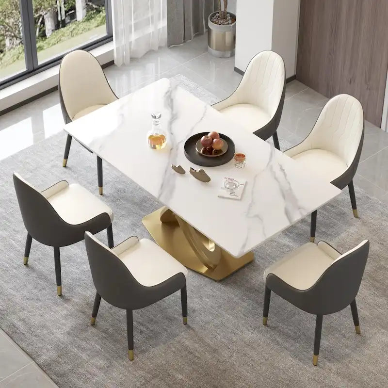 Mesa de comedor de piedra sinterizada blanca/negra – Base de acero dorado, capacidad para 4 a 6 personas