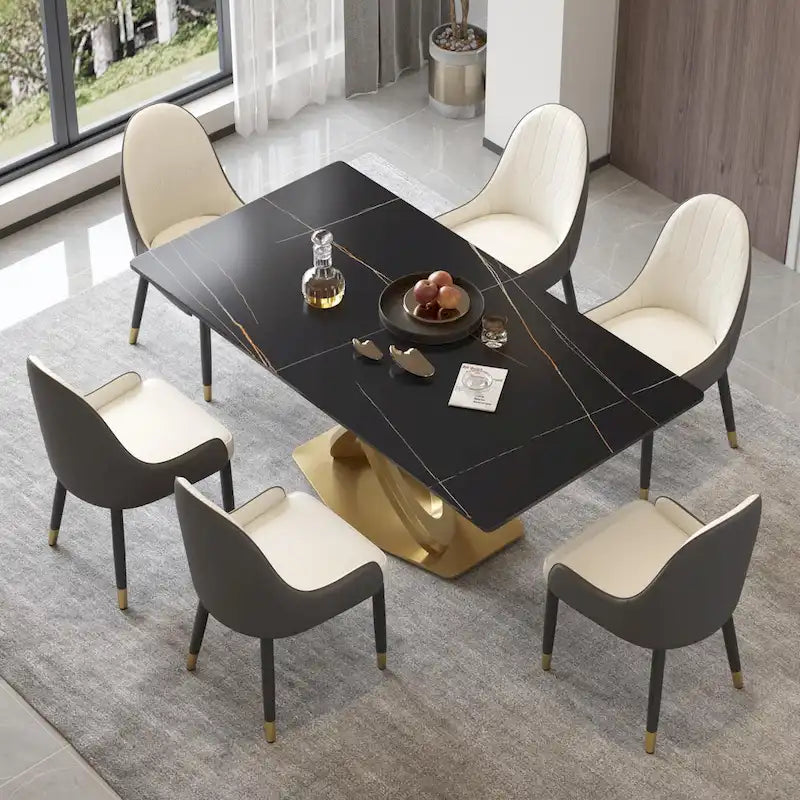 Mesa de comedor de piedra sinterizada blanca/negra – Base de acero dorado, capacidad para 4 a 6 personas