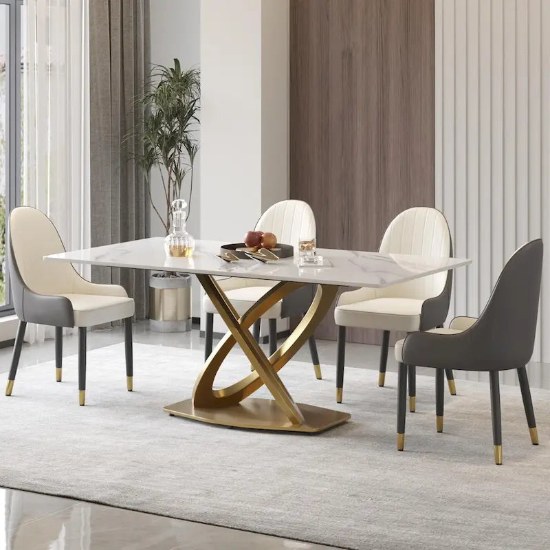 Mesa de comedor de piedra sinterizada blanca/negra – Base de acero dorado, capacidad para 4 a 6 personas