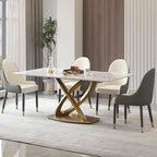 Mesa de comedor de piedra sinterizada blanca/negra – Base de acero dorado, capacidad para 4 a 6 personas