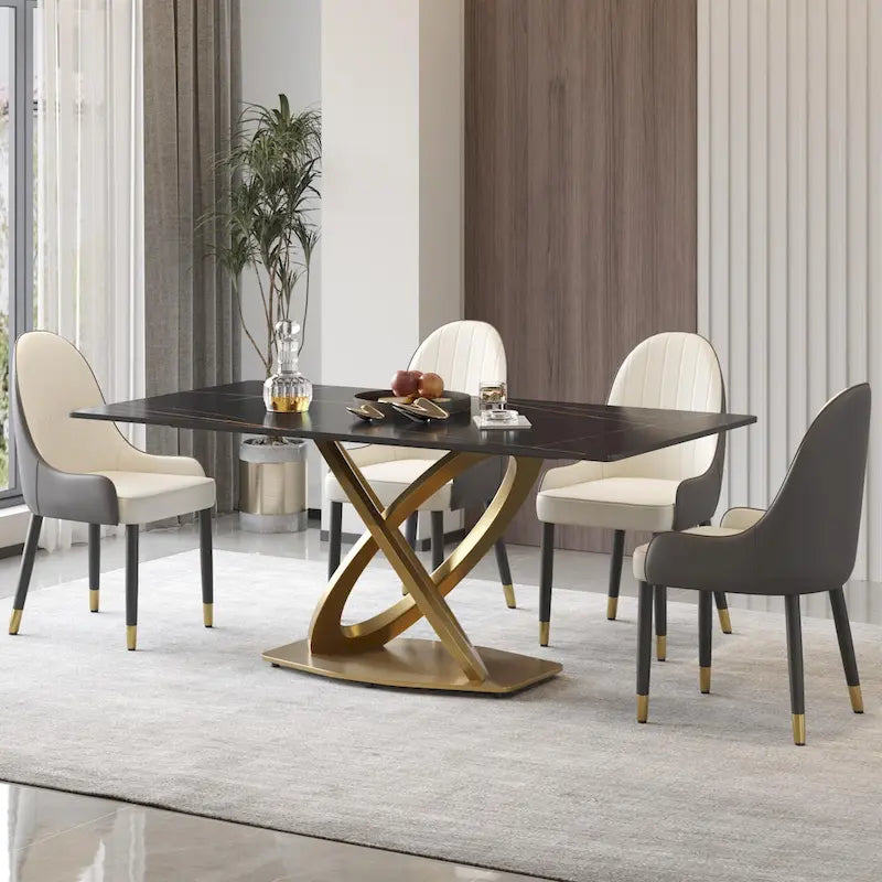 Mesa de comedor de piedra sinterizada blanca/negra – Base de acero dorado, capacidad para 4 a 6 personas