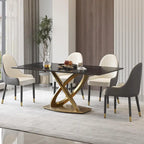 Mesa de comedor de piedra sinterizada blanca/negra – Base de acero dorado, capacidad para 4 a 6 personas