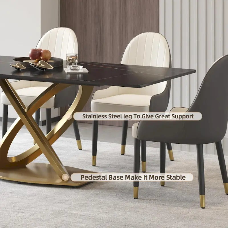 Mesa de comedor de piedra sinterizada blanca/negra – Base de acero dorado, capacidad para 4 a 6 personas