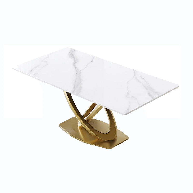 Mesa de comedor de piedra sinterizada blanca/negra – Base de acero dorado, capacidad para 4 a 6 personas