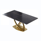 Mesa de comedor de piedra sinterizada blanca/negra – Base de acero dorado, capacidad para 4 a 6 personas