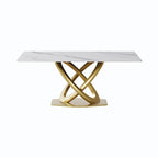 Mesa de comedor de piedra sinterizada blanca/negra – Base de acero dorado, capacidad para 4 a 6 personas