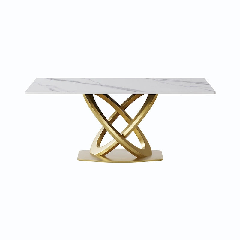 Mesa de comedor de piedra sinterizada blanca/negra – Base de acero dorado, capacidad para 4 a 6 personas