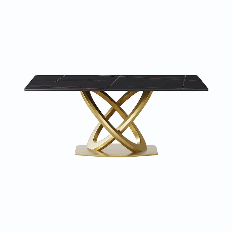 Mesa de comedor de piedra sinterizada blanca/negra – Base de acero dorado, capacidad para 4 a 6 personas