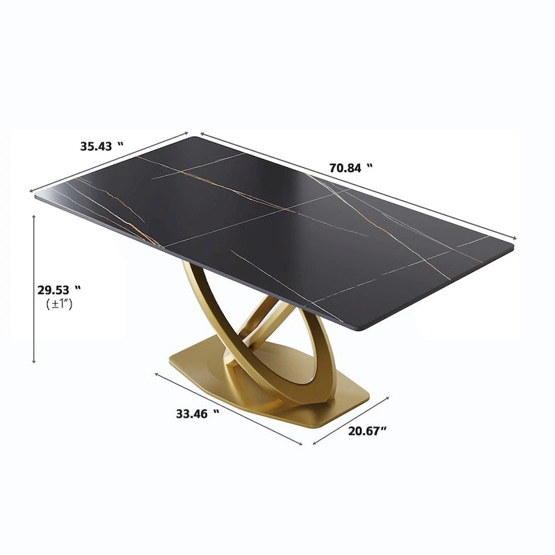 Mesa de comedor de piedra sinterizada blanca/negra – Base de acero dorado, capacidad para 4 a 6 personas