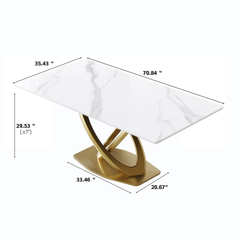 Mesa de comedor de piedra sinterizada blanca/negra – Base de acero dorado, capacidad para 4 a 6 personas
