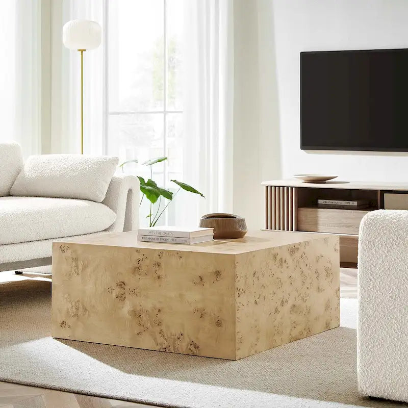 Mesa de centro cuadrada de 91 cm de madera de olmo, olmo blanqueado/natural, 1 asiento