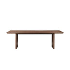 Mesa de comedor rectangular en nogal marrón, patas de panel ancho, con capacidad para 8-10 personas